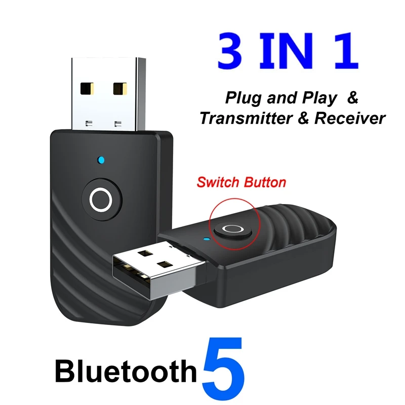 

3 in 1 USB Bluetooth 5.0 Audio Transmitter Receiver Adapter for TV PC Car 3.5mm