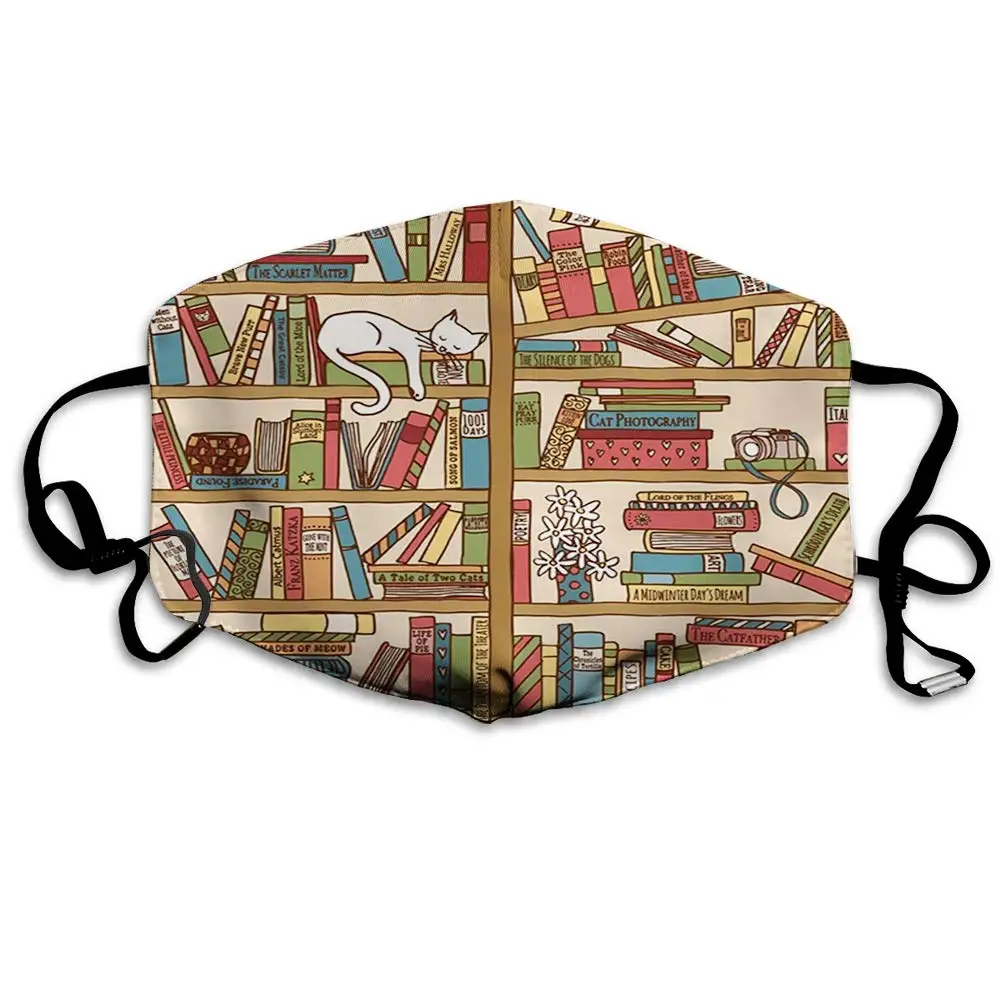 

Windproof Activated Carbon mask,Cat,Nerd Book Lover Kitty Sleeping over Bookshelf Library Academics Feline Boho Design,Brown