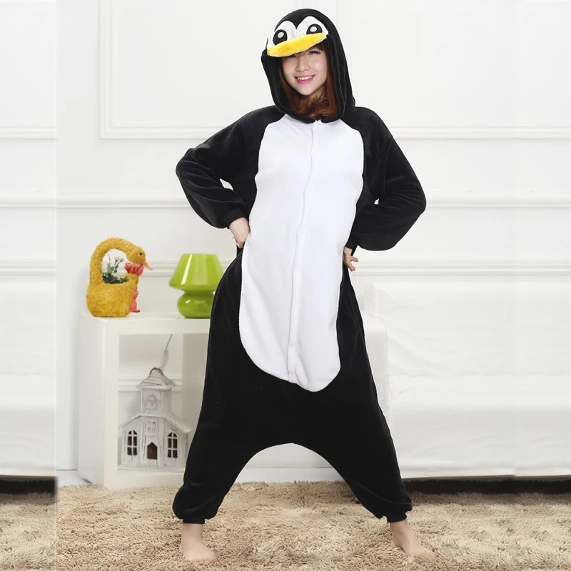 Women Men Funny Penguin Pajamas Animal Flannel Onesie For Adults All in One Jumpsuit Halloween Cosplay Siamese Costume