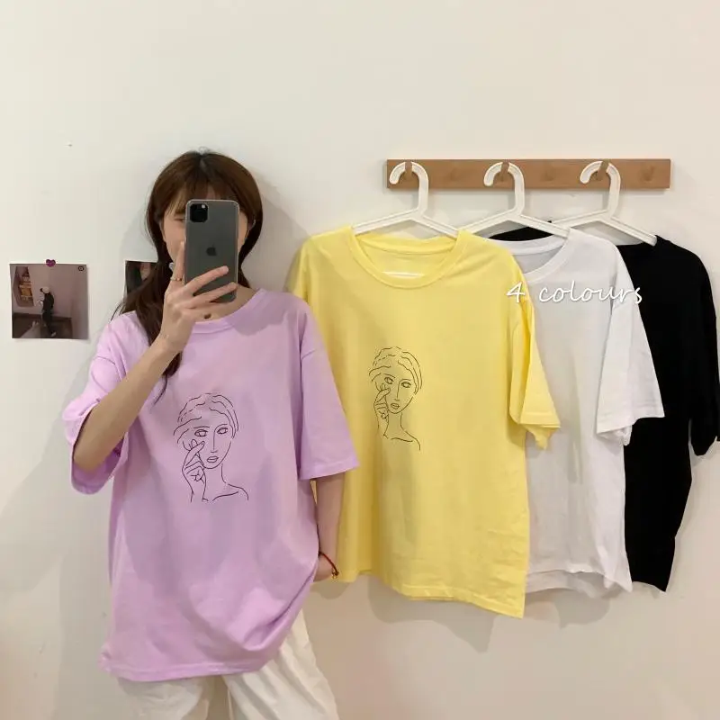 

Women T-shirt Short Sleeve Fashion Young Character Printing Loose Slimming Mid-length Hand-painted Korean Stylish Female Top