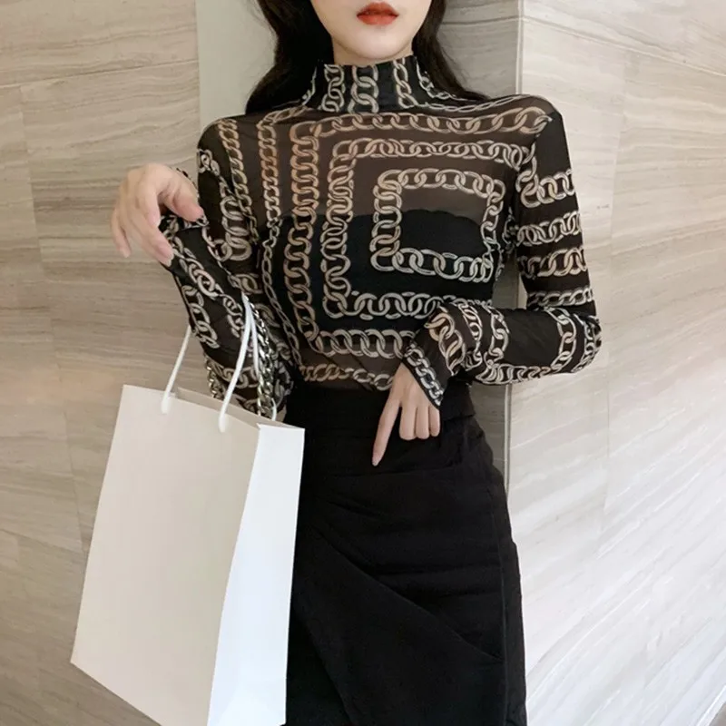 

Women's T-shirt Fashion Sexy Mesh Perspective T Shirt Casual Chain Printed Turtleneck Long Sleeve Top