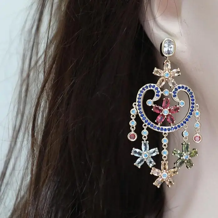 

Luxury fashion ethnic charm earrings women color zircon geometric tassel long gorgeous advanced celebration eardrop