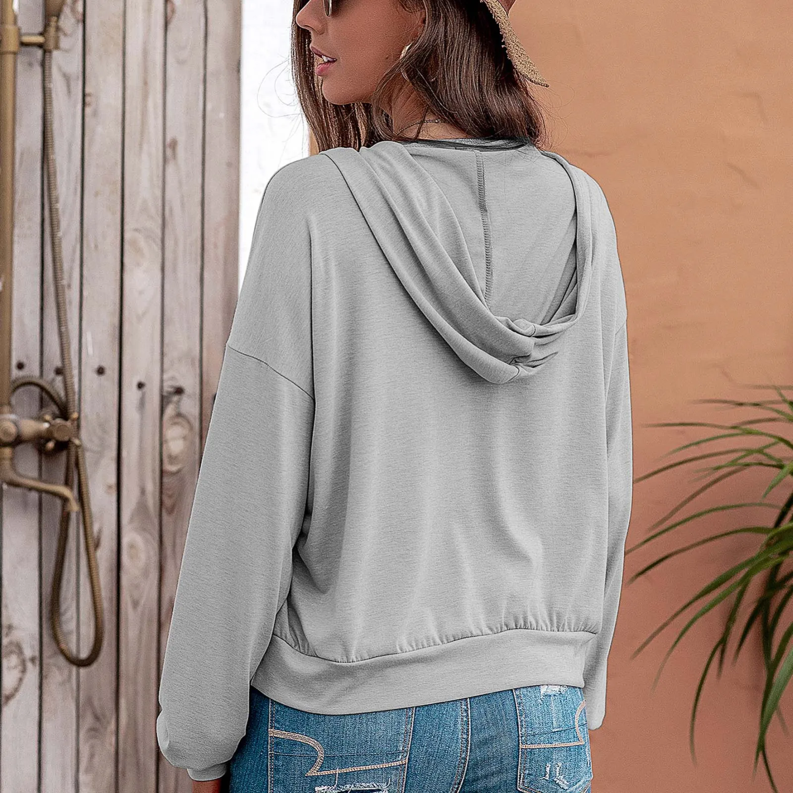 

Fashion Hoodies Sweatshirt Top autumn Women's Casual Loose Solid Color Long Sleeve Hooded Pullovers Sweatshirt Blouse Tops #40