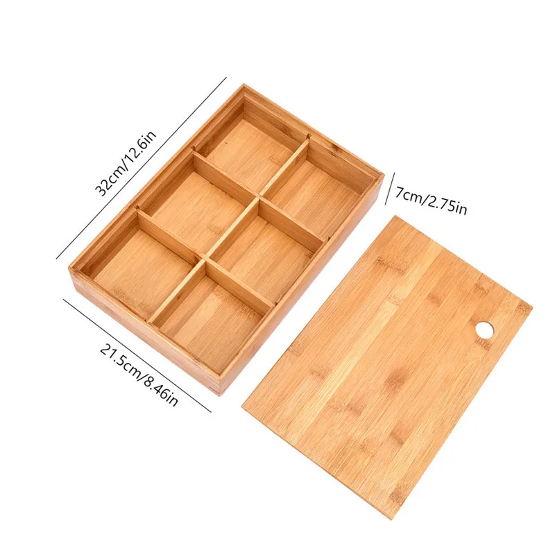 

Bamboo 6 Grid Storage Box Tea Tray Candy Snacks Dried Fruit Nut Box Removable Division Organizer Home Decoration