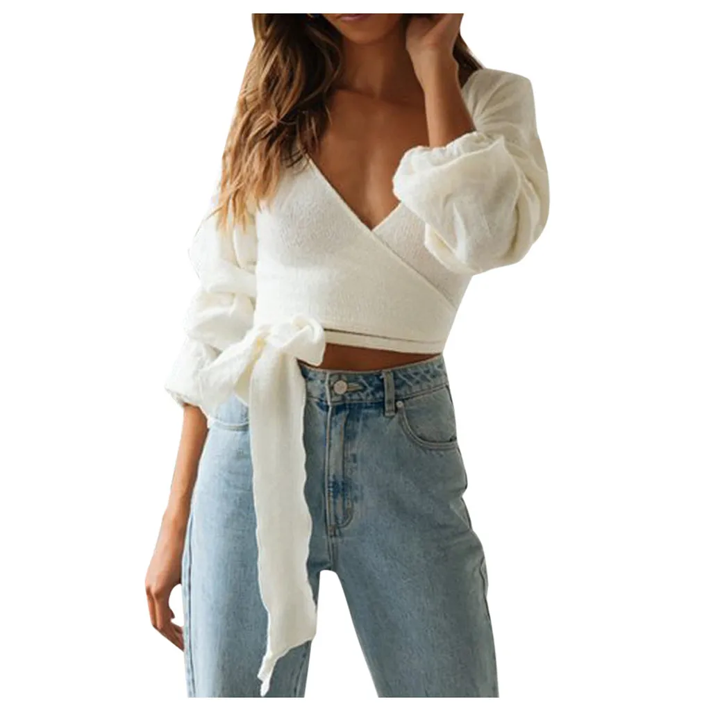 Женский длинный рукав сплошной цвет сексуальный v-образный вырез короткий свитер