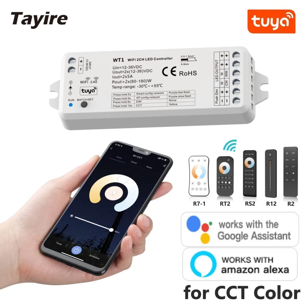 

Tuya 2CH Smart Led Dimmer Controller 2.4G DC12V 24V CCT Single Color Strip TUYA APP Google Assistant Echo Plus Voice Control WT1