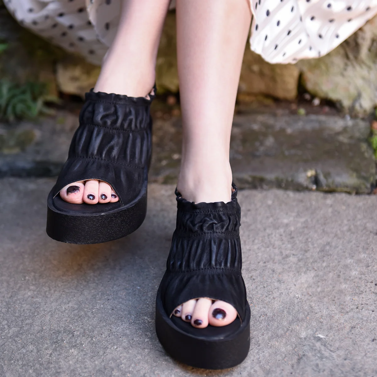

Artmu Original Wedges Sandals Womens Cow Leather Pleated Thick Heel Sandals Flat Plarform Summer Fashion Open Toe Sandalias