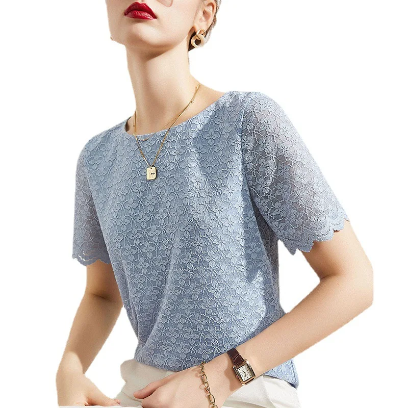 

2021 summer new trend fashion French style lace western temperament white tees women