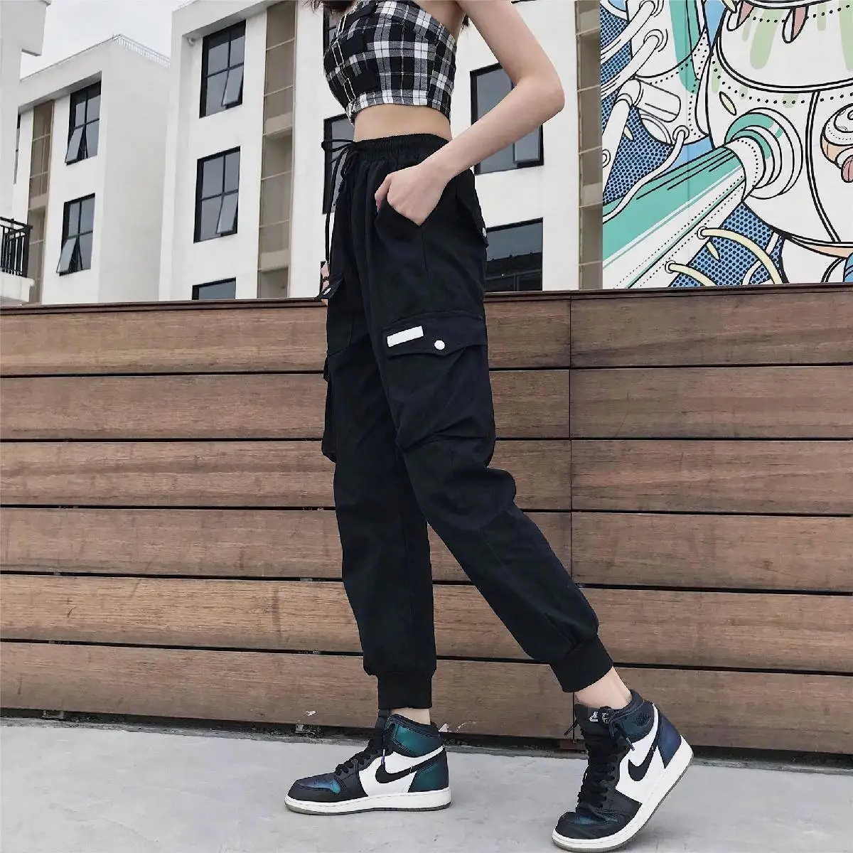 Джоггеры с лентами и карманами в японском стиле брюки карго шаровары уличная