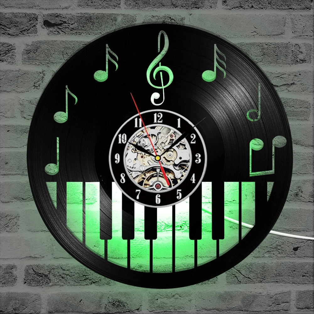 Piano Keybord Luminous Vinyl Record Clock Creative and Antique Style Black Round LED Wall Clocks Music Decor Art Watch | Дом и сад
