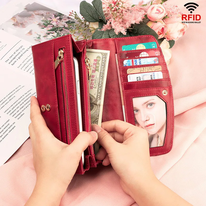 

Genuine Leather Women Wallet Multifunction Womens Clutch Wallets Long Large Capacity Purses Card Rfid Holder Mobile Phone Bag