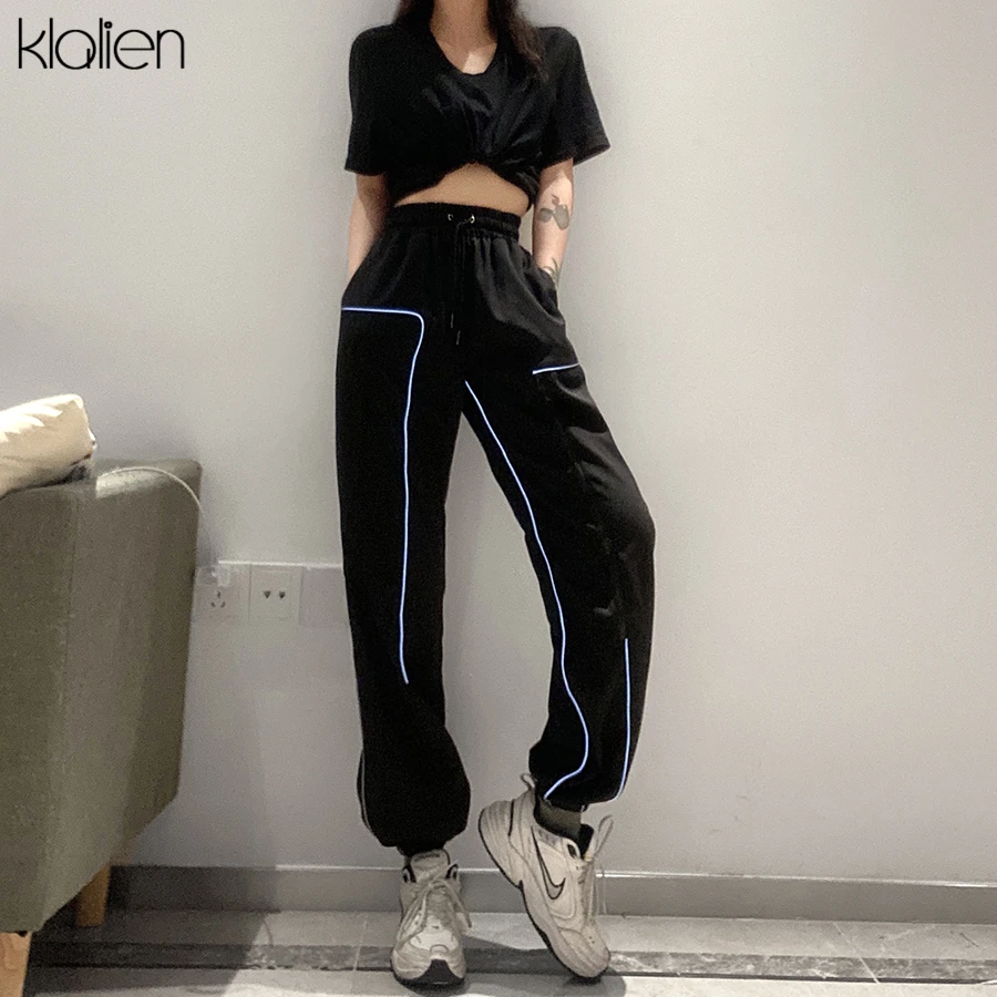 Kalien модные повседневные спортивные уличные женские брюки с высокой талией и шнуровкой, светоотражающие свободные однотонные хлопковые чер...