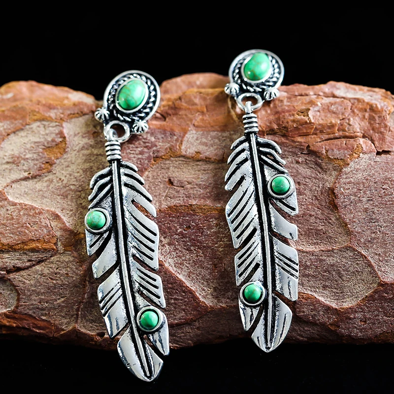 Vintage Bohemian Feather Dangle Earrings for Women - Silver Color Drop Jewelry image 2