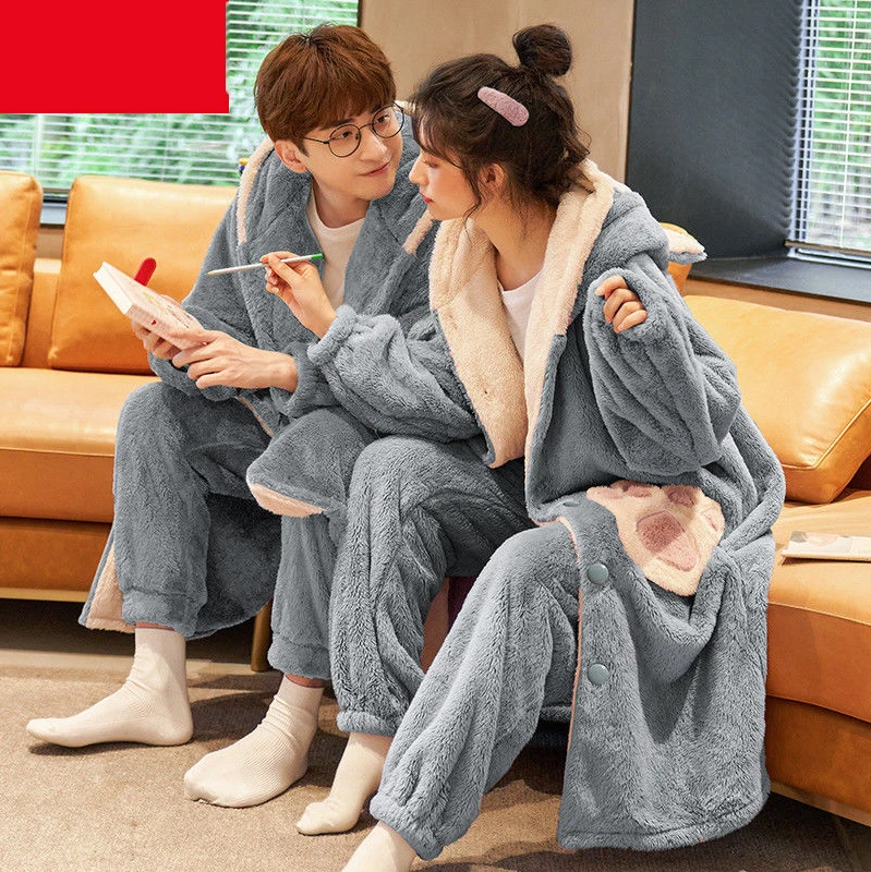 Couple Pajamas Autumn and Winter Models Coral Fleece Winter Thickening Padded Men and Women Winter Facecloth Long Sleep Robe