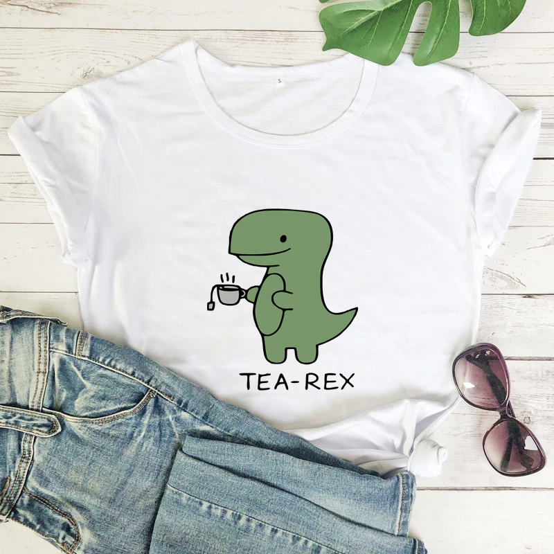 Tea-Rex Colored Print T-shirt Kawaii Women Short Sleeve Dinosaur Vegan Graphic Tee Shirt Top