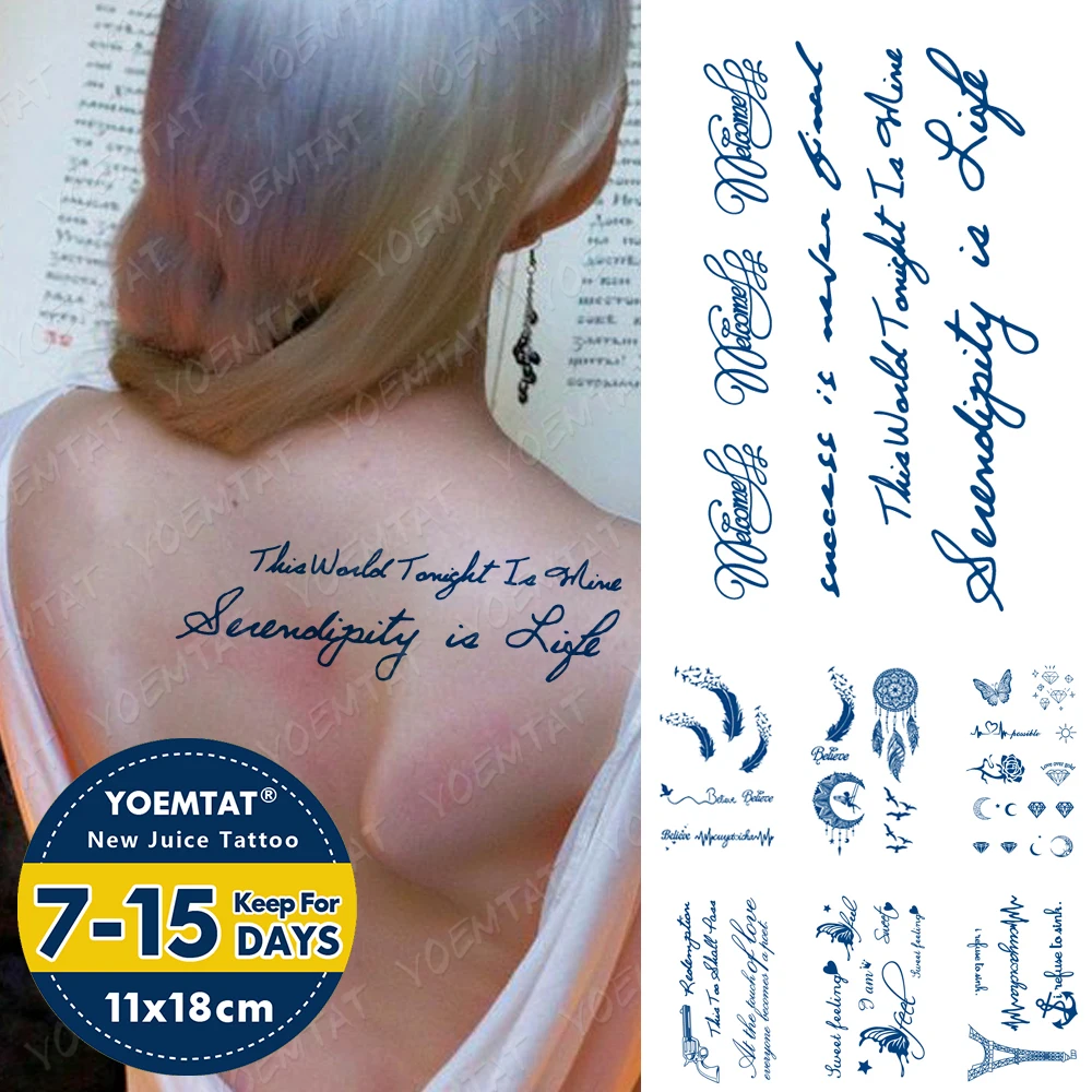 

Juice Ink Lasting Waterproof Tattoo Sticker English Letter Feather Gun Flash Full Tattoos Women Arm Back Body Art Fake Tatto Men