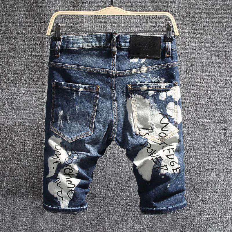 Summer New Men's Letter Printed Ripped Short Jeans Men Fashion Casual Slim Fit High Quality Cotton Stretch Denim Shorts