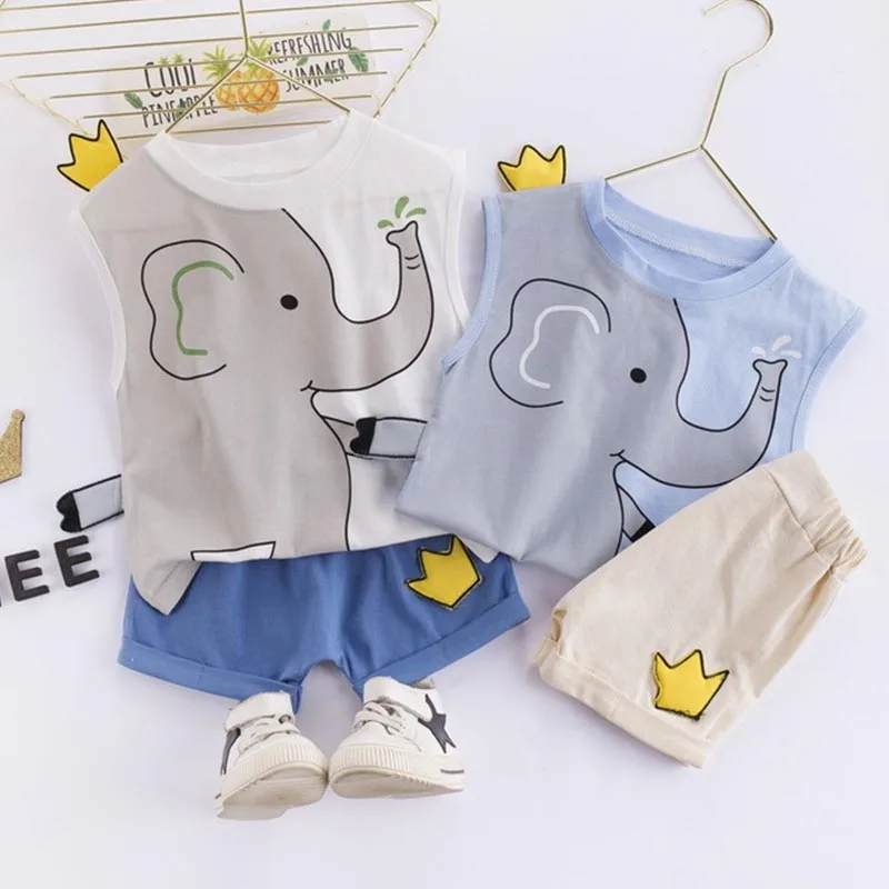 

Girl Cartoon Printed Clothing Round Neck Sleeveless Shirt Shorts 2PCS Suit Newborn Summer New Casual Set Boy Kid Vitality Outfit