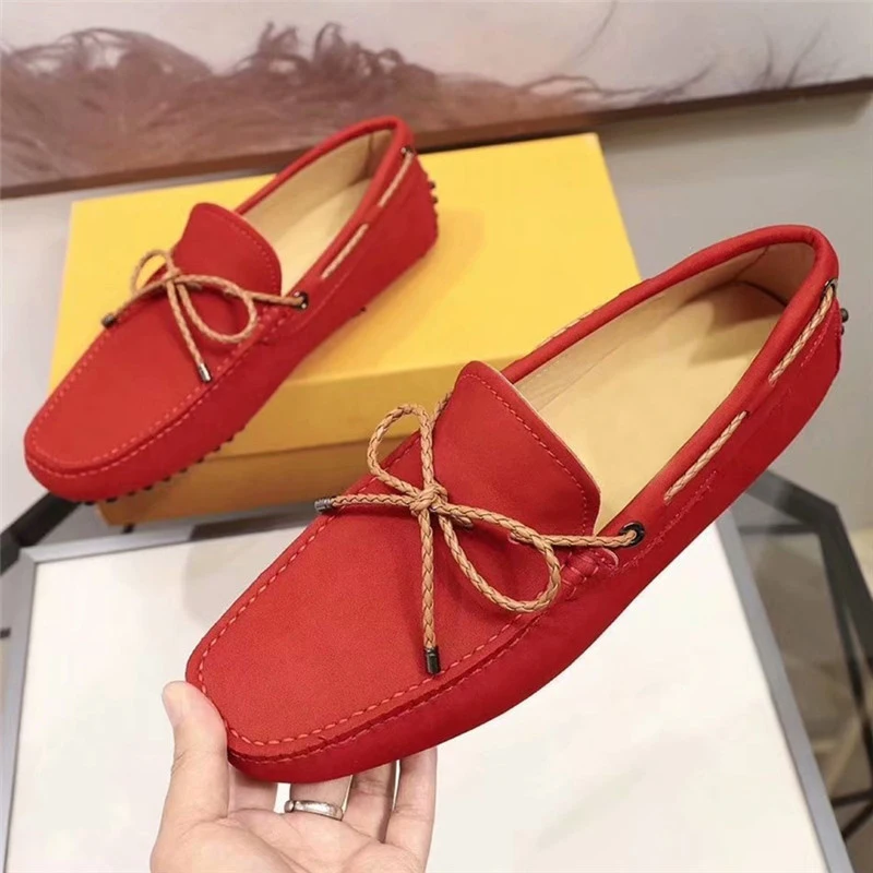 

Fashion Red Nubuck Men Loafers Bowknot Moccasins Flat Smoking Shoes Male Footwear Driving Shoes Tenis Masculino Men's Flats