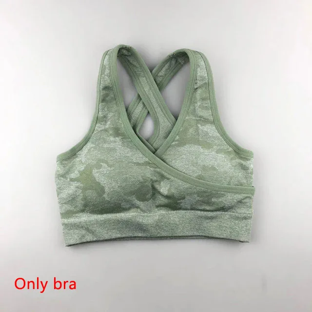 Green Bra Камуфляжной расцветки, Yoga 3 шт. набор бесшопное кроп топ с длинными рукавами+ леггинсы, спортивный бюстгальтер+ Для женщин леггинсы для пробежек, спортзала Высокая Талия спортивный костюм для фитнеса - Цвет: Green Bra