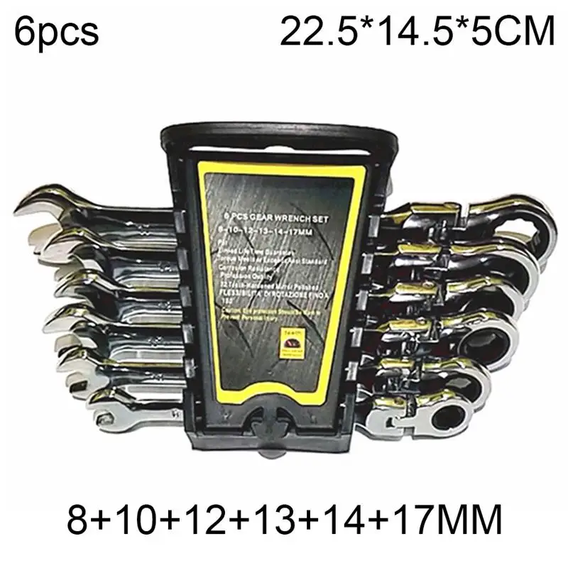 

6 PCS Gear Wrenchs Flexible Head Ratcheting Combination Wrench Set 8-17MM Metric CR-V Dual Purpose Wrench Tool