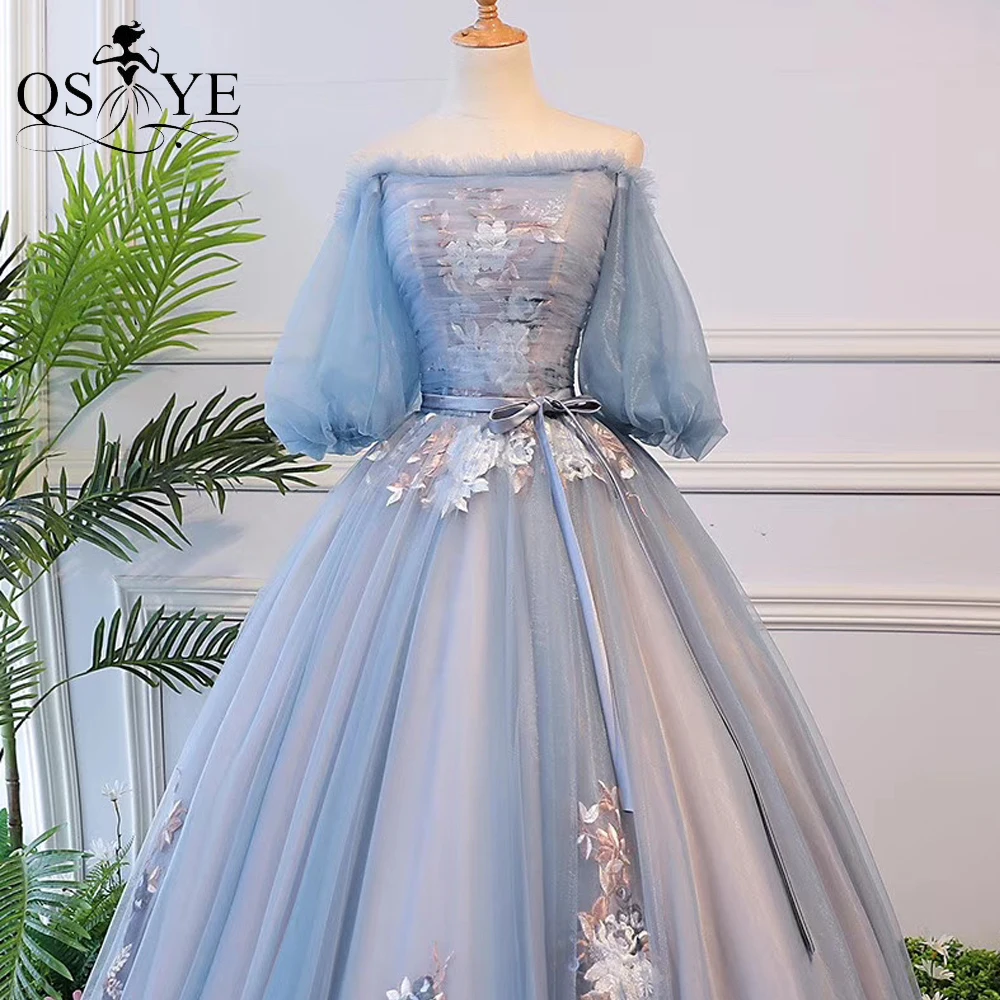 

QSYYE Puffy Ball Gown Prom Dresses Blue Puffy Sleeves Evening Dress Boat Neck Embroidery Flowers Tulle Prom Party Gown Puffy