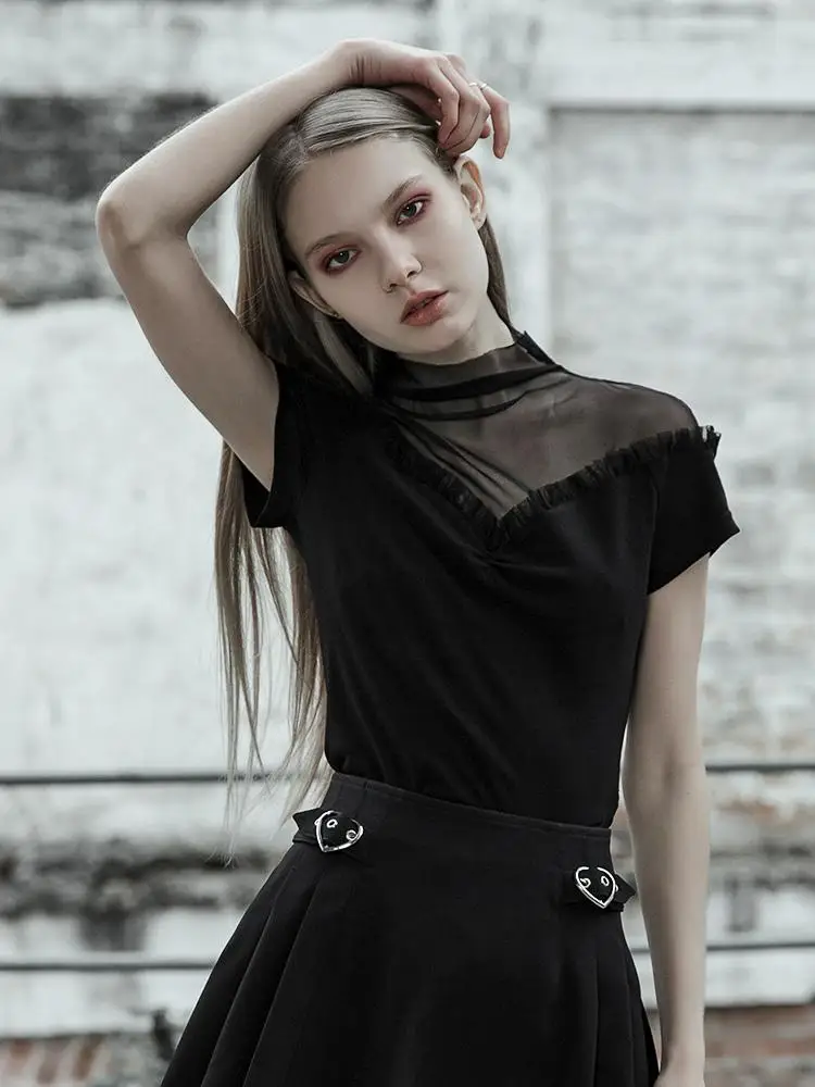 Женская Черная Футболка в стиле панк с оборками и сеткой Goth OPT363TD|Футболки| |