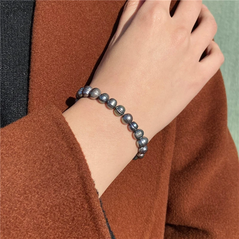 7-8 Freshwater Baroque Black Pearl Bracelet Genuine Natural Pearls Beaded Bangles Elastic Chain for Women Men Fine Jewelry Gift images - 6