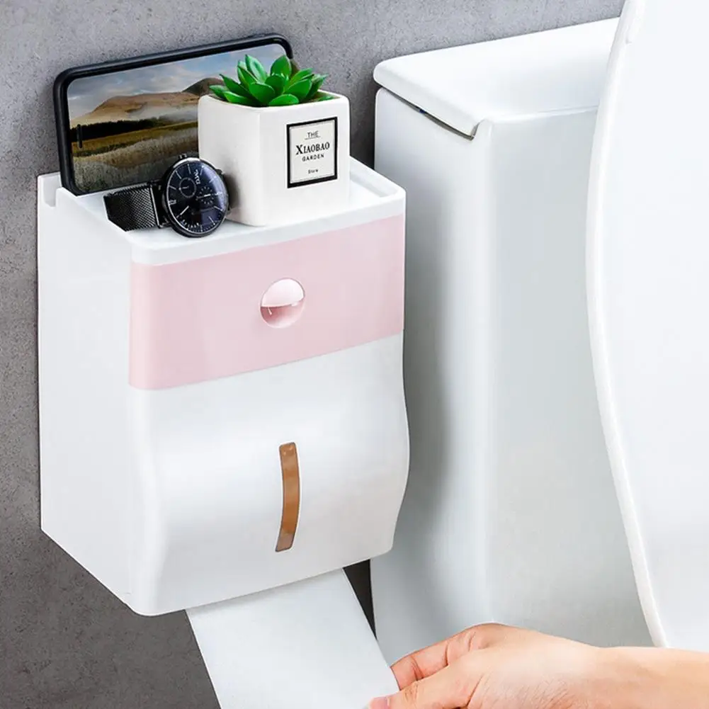 

Bathroom Roll Toilet Paper Holder Double Layers ABS Waterproof Wall Mounted Self Adhesive Roll Paper Storage Box Shelf