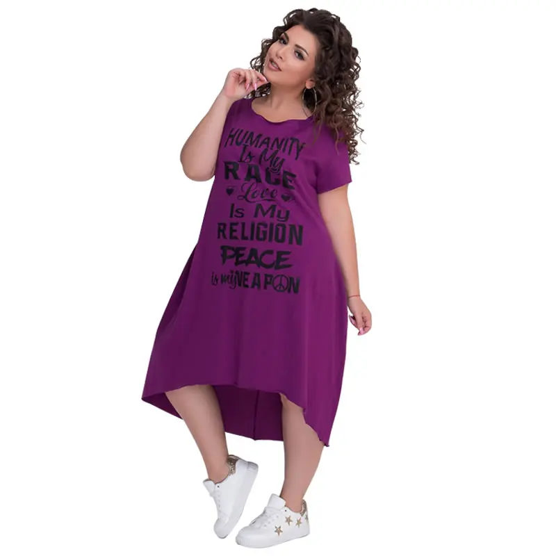 Платье размера плюс с буквенным принтом коротким рукавом до середины икры Vestidos L