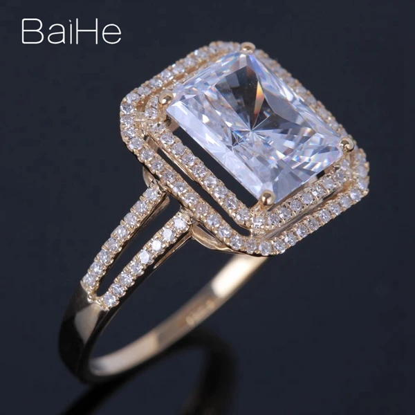 BAIHE Твердые 14 к желтое золото 5.9CT сертифицированные, подлинные AAA класс кубического циркония Подушка обручальное кольцо для женщин роскошный модный подарок кольцо