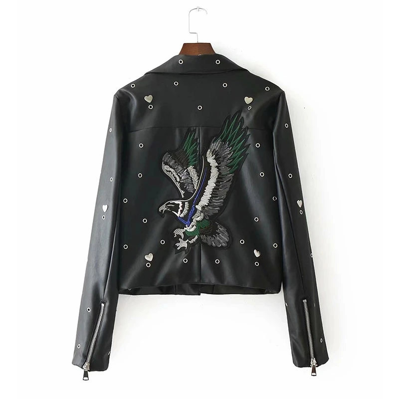 Autumn 2021 Embroidery Faux Soft Leather Jacket Women Pu Motorcycle Coat Female Black Punk Zipper Outerwear Short Jacket Casaco