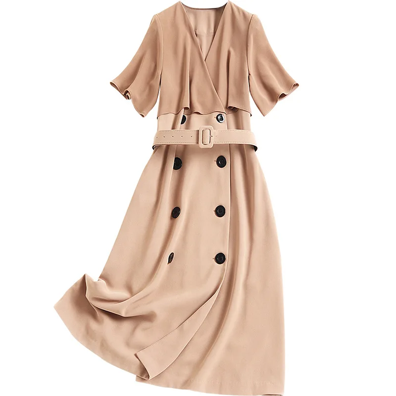 

Women runway designer high quality double breasted dress spring 2021 patchwork short sleeve elegant high-end dresses