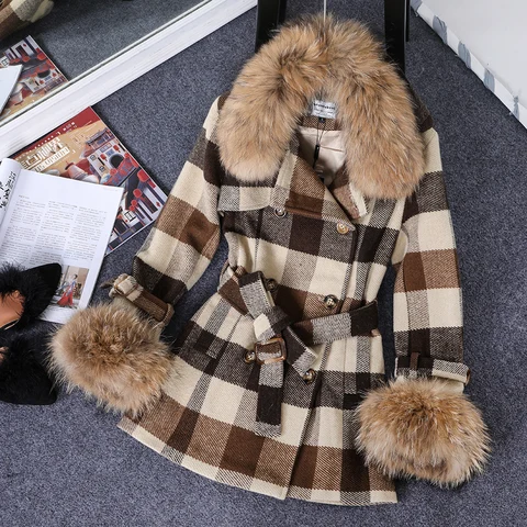 Пальто MaoMaoKong2020 женское в клетку, двубортный Блейзер большого размера с воротником из меха енота, зимний пиджак для женщин