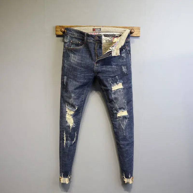 

Fashion 2021 ripped hole street Casual denim slim raw-edge trousers slim-fit feet pants men's spring ripped holes pencil jeans