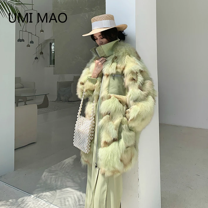 

UMI MAO Fur Coat Women 2020 Winter New Imported Fox Fur Knit High Collar Loose Mid-length Snow Overcoat Natural Fur Collar Coat