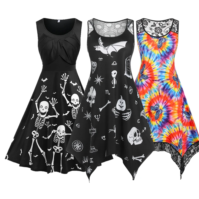 

Повседневные готические женские платья, кружевной платок с принтом на Хэллоуин, сексуальное вечернее платье без рукавов для женщин