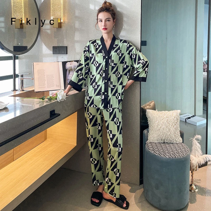 

Fiklyc Fashion Women Autumn Spring Summer Full Sleeve Trousers Letter Plaid Style V Neck Casual Female Sexy Night Pajamas Sets