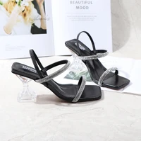 2022 fashion lady shoes european american style one word water diamond women sandals sexy thick heel comfortable slippers