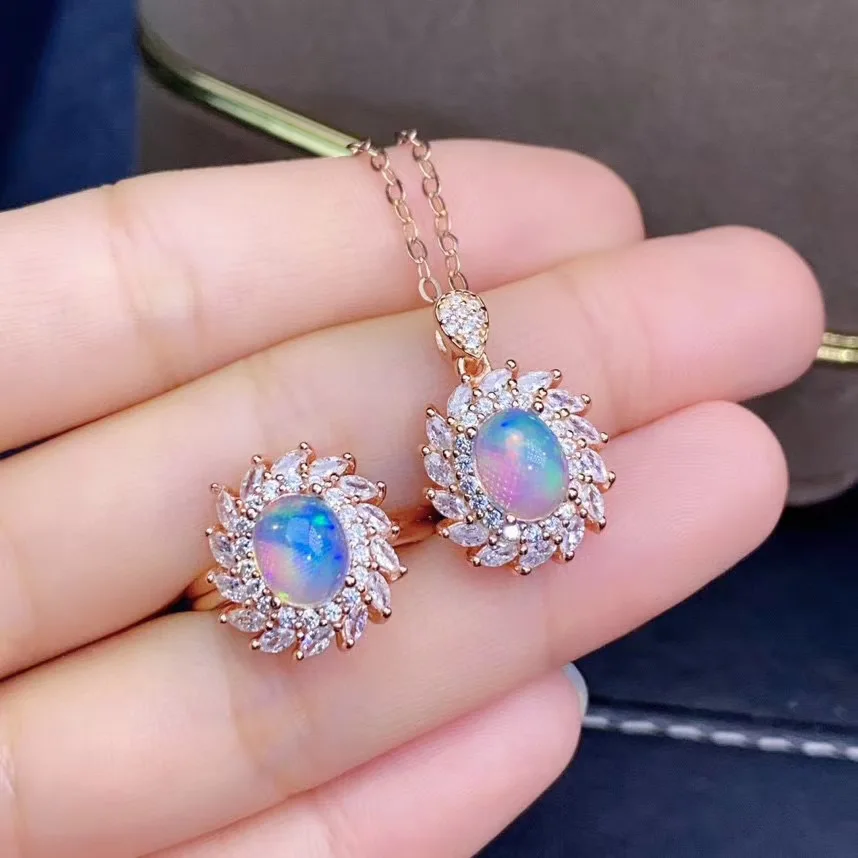 Natural Opal Gemstone Ellips Earrings Ring and Necklace 2 piece Siut for Women Real 925 Sterling Silver Fine Jewelry Set