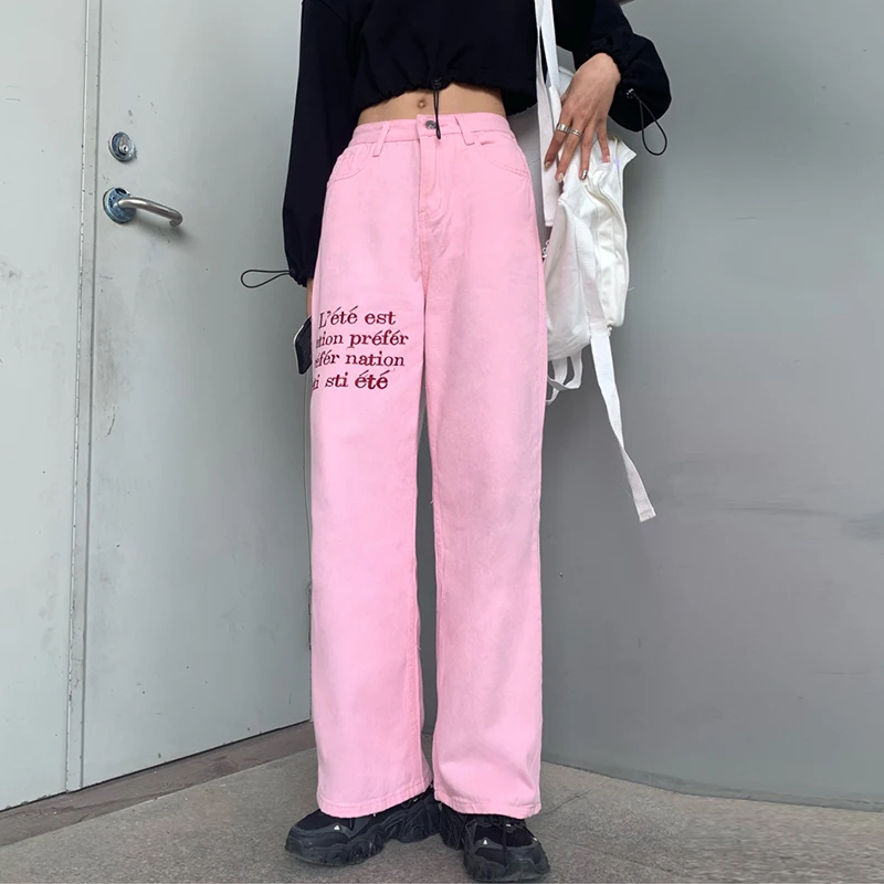 

Summer Women Denim Trousers Korean Style All-Match Pink Letter Embroidery Low-Waisted Thin And Straight Leg Casual Pants