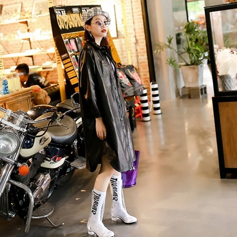 Single Breasted Female Real Leather Jacket Ladies Solid Black Genuine Long Coat Sashes Loose Turn Down Collar Clothing | Женская одежда