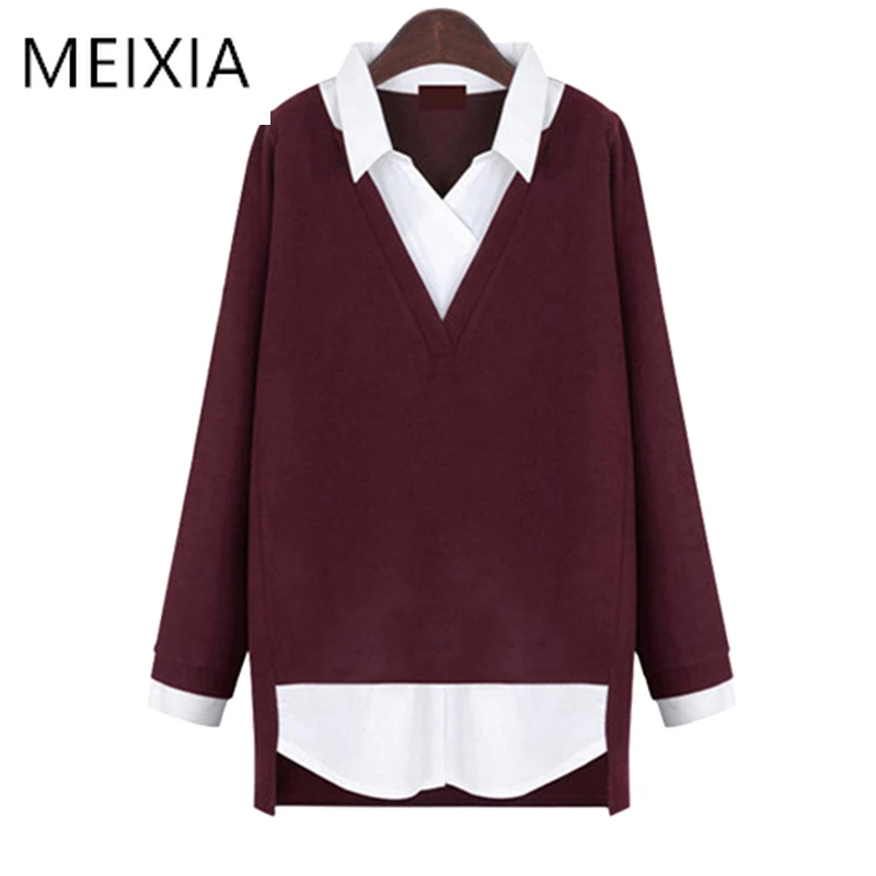

MEIXIA 2020 Autumn Winter Women Blouse Casual Turn-down Collar Patchwork Cotton Loose All-Purpose Style Office Lady Blouse Tops