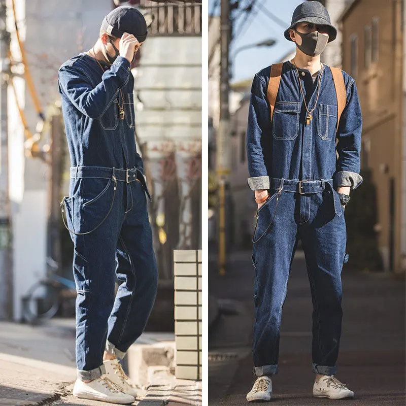 Retro Man Jeans Jumpsuits Bib Overalls Loose Straight Multi-Pocket Streetwear Denim Cargo Trousers Fashion Leisure Freight Pants