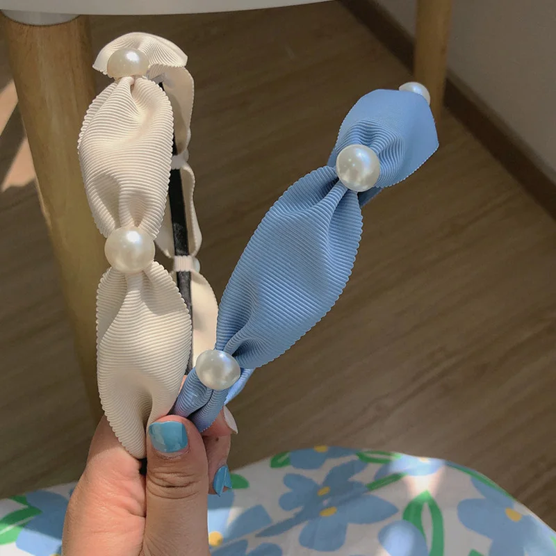 

1Pcs New Fashion Women Headband Shining Imitation Pearl Hairband Blue Denim Cloth Headwear Hair Accessories Wholesale
