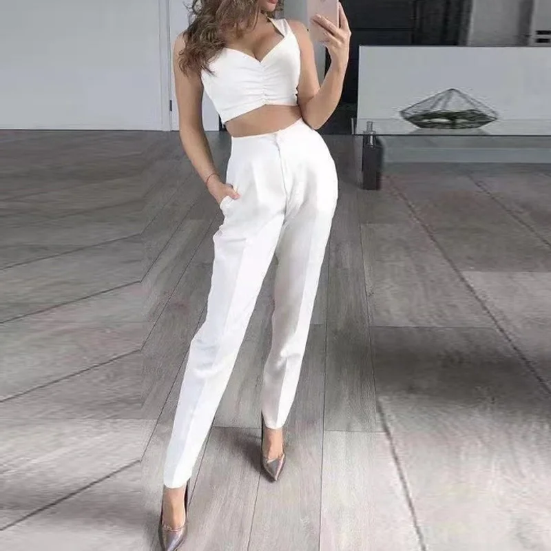 

2021 Spring Summer Solid Elegant Business Suit Women Long Sleeve Blazer + Bra +Pocket Long Pants Outfits Fashion Three Piece Set