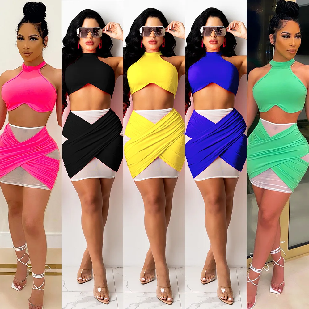 

Casaul Women Skirt Set Color Patchwork Crop Tank Top And Mini Dress Skinny Party Night Clubwear Matching Set Tracksuit Outfit