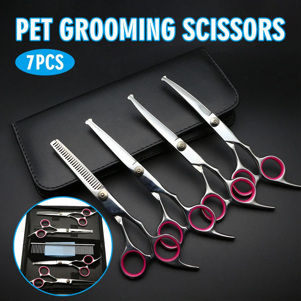 

1set Pet Grooming Scissors 7 In 1 Cat Dog Hairdressing Straight Curved Thinning Shears Kit Professional Puppy Hair Cutting Tools