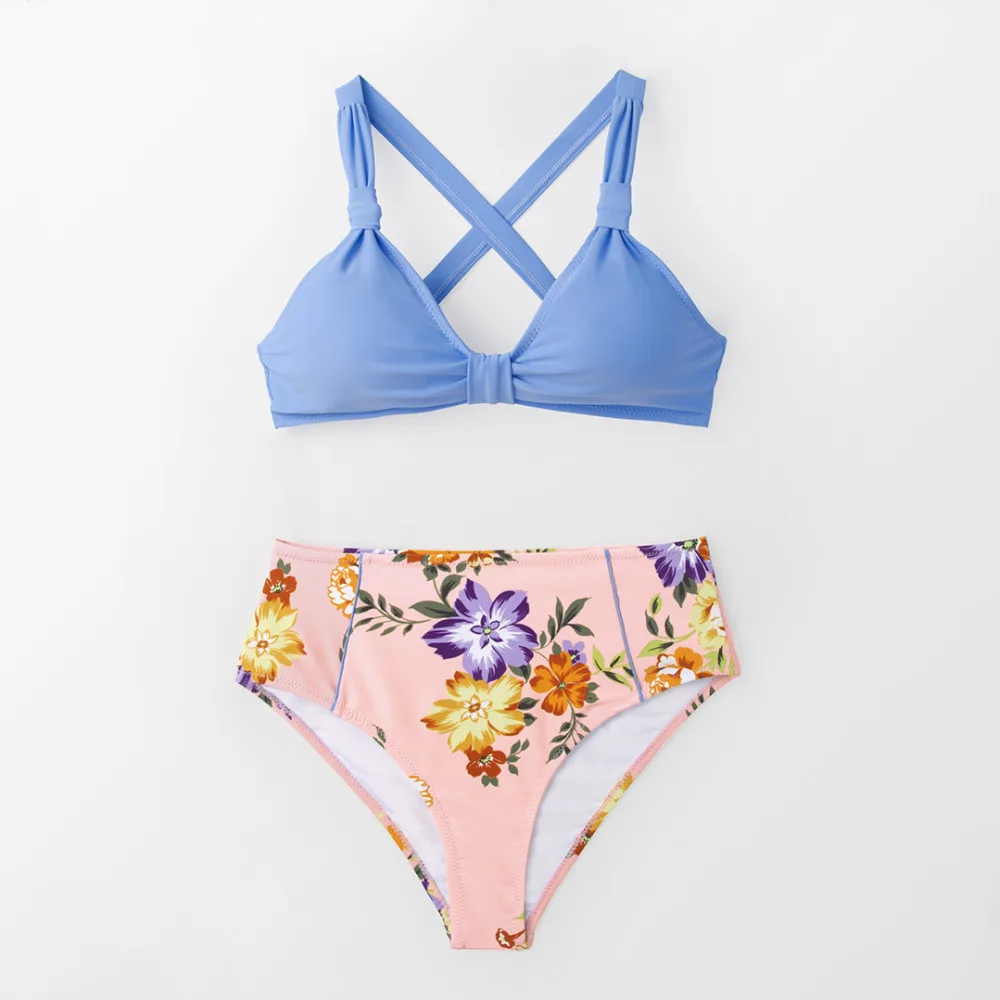 

Cute Blue Floral Scalloped Bikini Sets Women Sexy Solid Mid-waist Two Pieces Swimsuit Beach Bathing Suits Swimwear