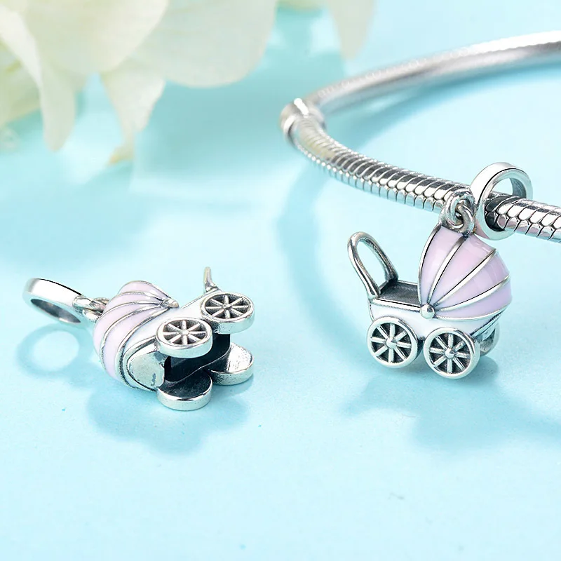 Новинка для подходящего аутентичного европейского браслета Милые розовые подвески для детской коляски из серебра 925 Модное ювелирное изделие для женщин, сделанное вручную в подарок.